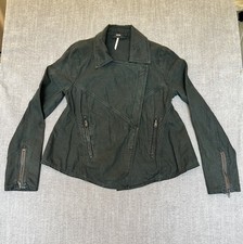 Free People Moto Jacket XS Faded Black Linen Cotton Asymmetrical Zip Jacket