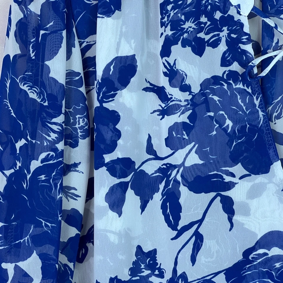 Blusa Veronica M Top Mujer S Azul Floral Imitación Envoltura Gasa Corbata Cuello Manga Larga Foto 3 de 4