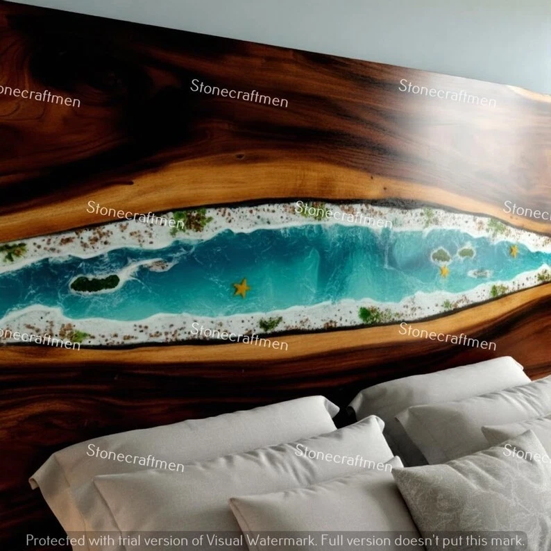 Handmade Ocean Epoxy Headboard | Live Edge Wood, Coastal Decor - Image 4 of 4