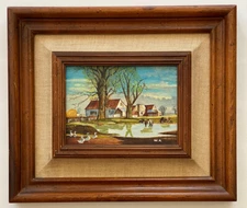 Vintage American Folk NY Farm Animal Cattle Horse Duck Pond Landscape Painting