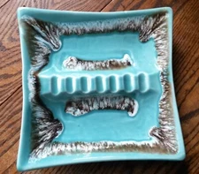 Retro Mid Century Ashtray Made in USA Teal Aqua Blue with Brown Square