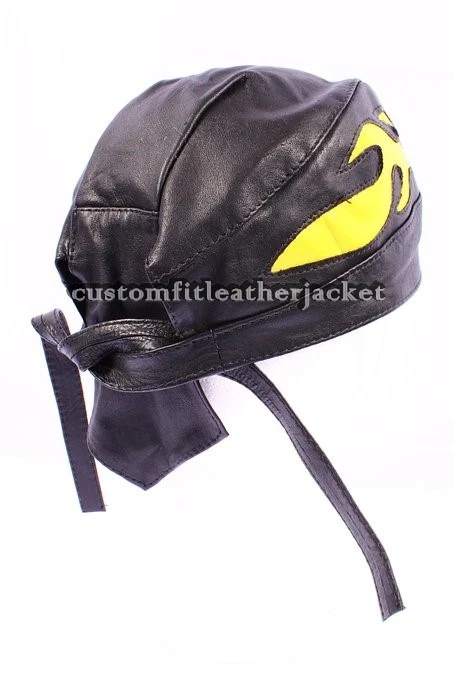 BANDANA Motorcycle Real Lambskin Black & yellow Leather Zandana Pre-Tied Cap Hat - Image 2 of 2