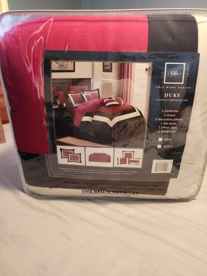 Chic Home Duke Comforter 10 Pc Set, King Red, Black & White CS1455 New In Bag - Image 2 of 4