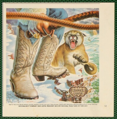 Nocona Western Boots Alhambra Marble Walrus Mountain Lion Vintage Print Ad 1983