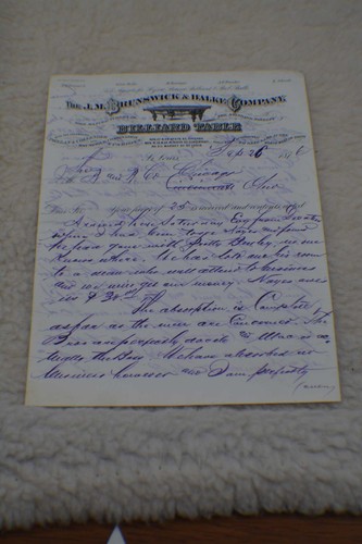  Pool/Billiard/Table/Brunswick J M Brunswick Letterhead 1876 Rare!!!    