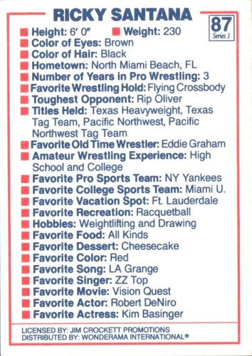 1988 Wonderama NWA tarjeta de lucha libre #87 Ricky Santana - Imagen 2 de 2