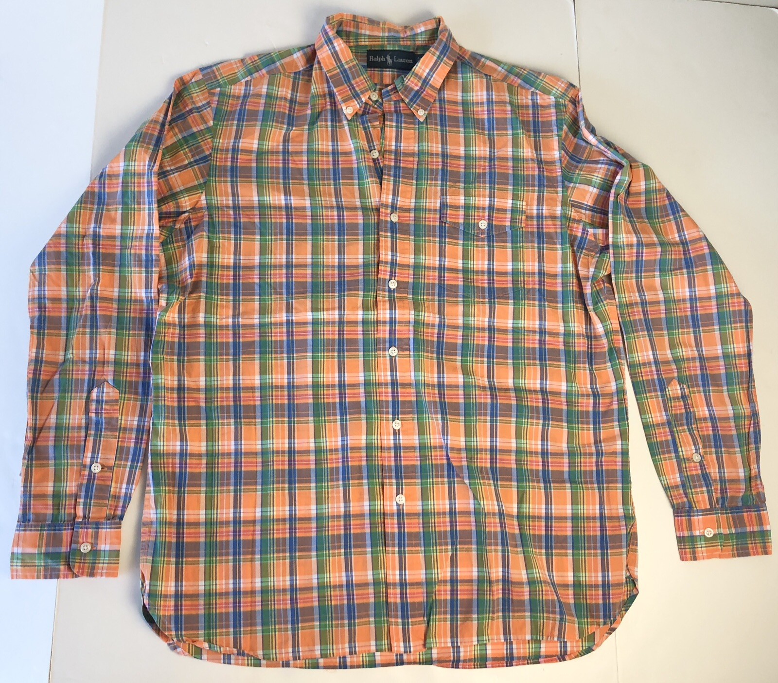 Polo Ralph Lauren Button Down Dress Shirt Mens SZ Large Orange Green Plaid READ!