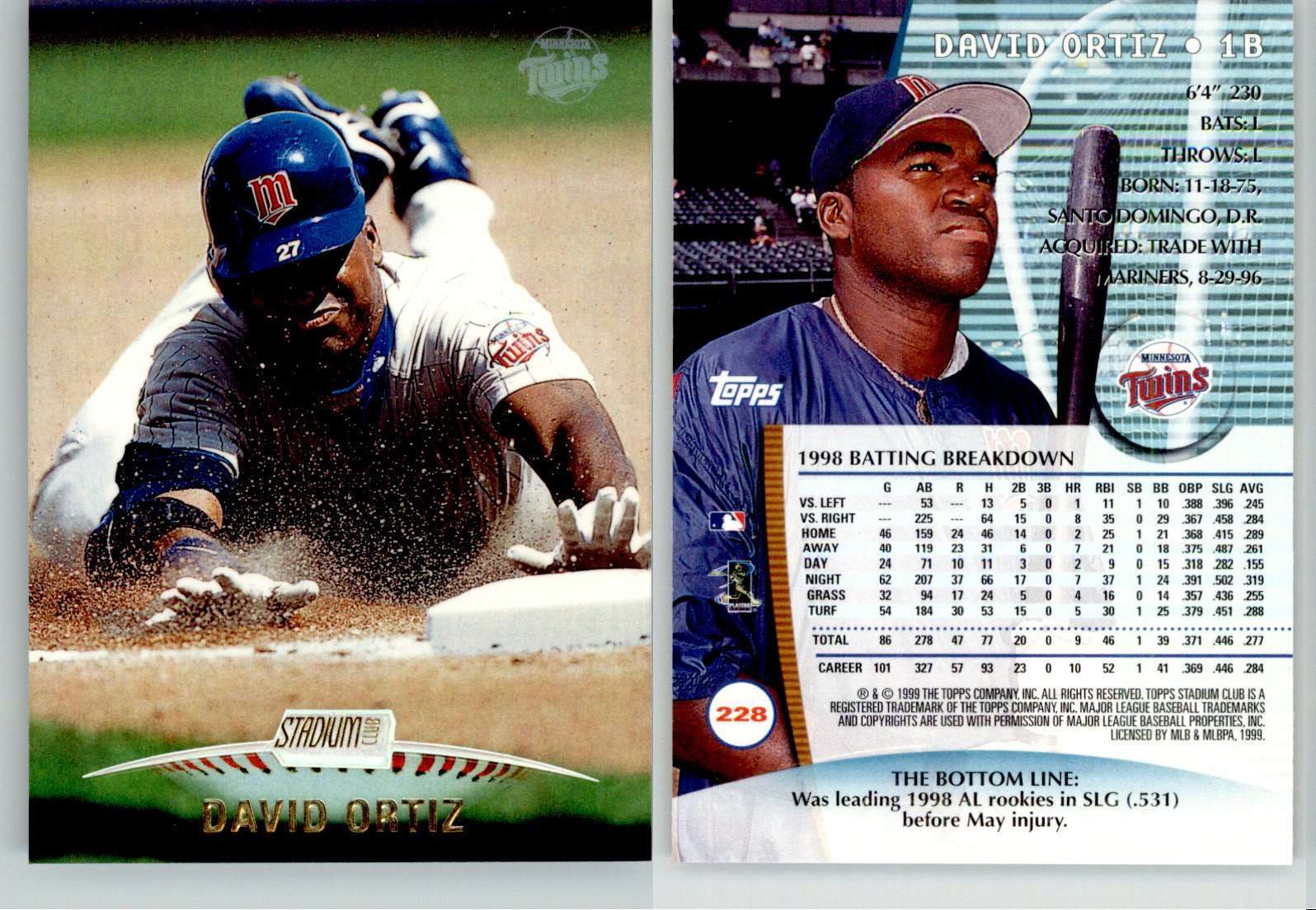 David Ortiz 1999 Stadium Club #228 Twins HOF