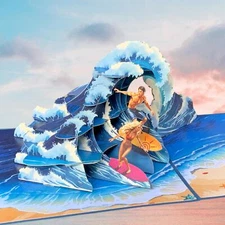 Pop Up Greeting Card, Surfing Card, Thank You card, Birthday Gift, Love Couple S
