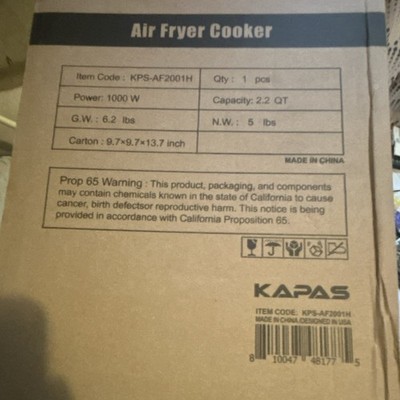 KAPAS 2.2 Qt Air Fryer 1000W Brown Timer Basket Model KPS-AF2001H