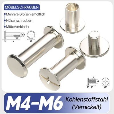 Möbelschrauben Hülsenschraube Verbindungsschraube Möbelverbinder Vernickeln M4-6