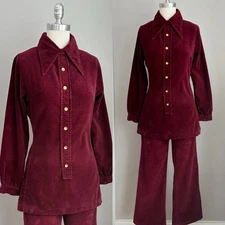 Vintage 60’s Burgundy Corduroy Dagger Collar Flare Leg Pantsuit Top Pants XS S