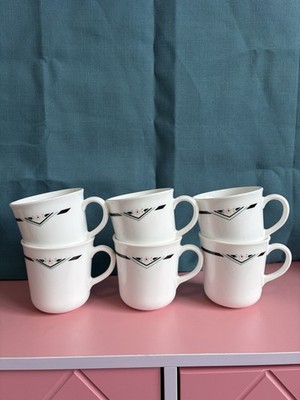 Corning Corelle Zenith Coffee Cup Mug White Black Trim Pink Flowers 8 oz. Set 6