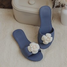 Women Flat Casual Outdoor and indoor Black Flower Blue Slippers 7 USA size