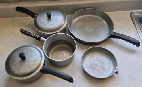 7 Piece Vintage Club Hammered Aluminum Saucepans Lids Skillets