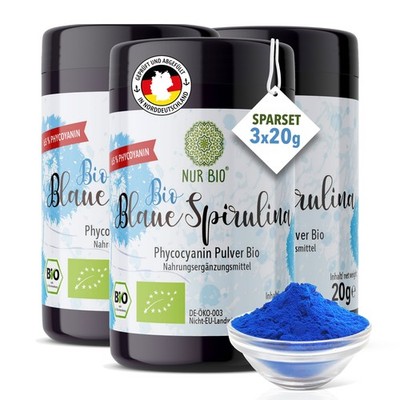 NUR BIO  Bio Blau Spirulina Pulver 3x20g 65% Phycocyanin blue NEM Vorratspack