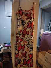 White Red Black Graphic Skull Heart Satin Slip Dress Long Scoop Neck Womens S