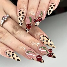 Leopard French Tip Press on Nails 3D Cherry Medium Almond 3D Cherry French Tip