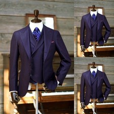 Navy Blue 3Pcs Men's Suits Business Dinner Jacket Party Wear Peak Lapel Coat