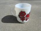 Vintage Hazel Atlas White Milk Glass Red Black Flower Daisy Power Mug Coffee Cup