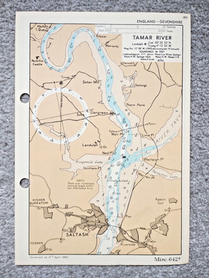 Tamar River, Devon - 1943 Vintage Admiralty Royal Navy Map (Seller Ref B3)