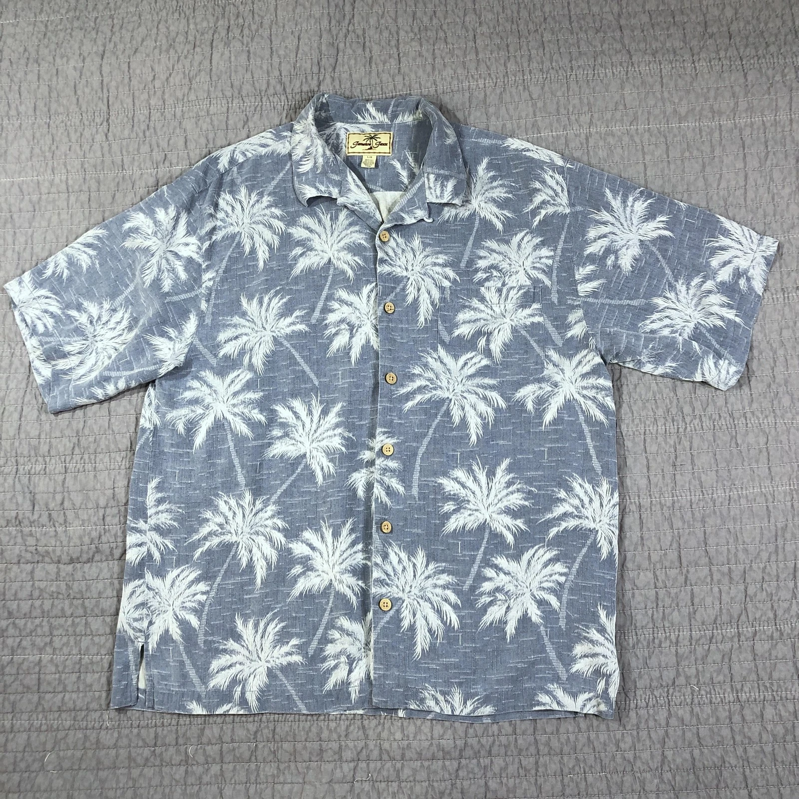 Jamaica Jaxx Hawaiian Shirt Men Large Blue Palm Tree 100% Silk Aloha Tropical