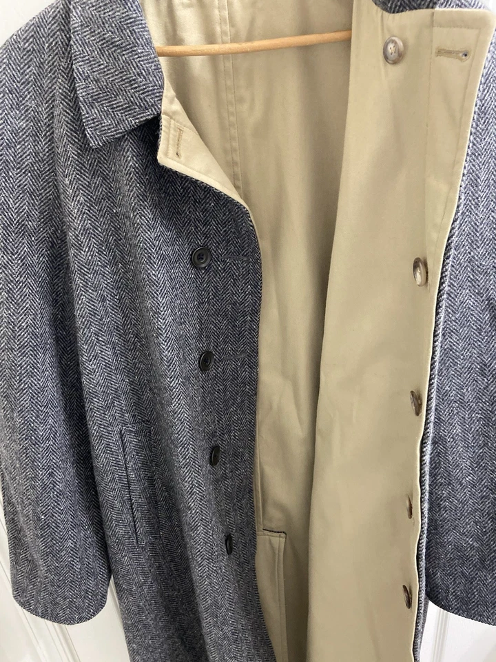 VTG MiUSA J.Press Reversible Gray Tweed Herringbone & Khaki Overcoat TrencH 44R - Image 4 of 4
