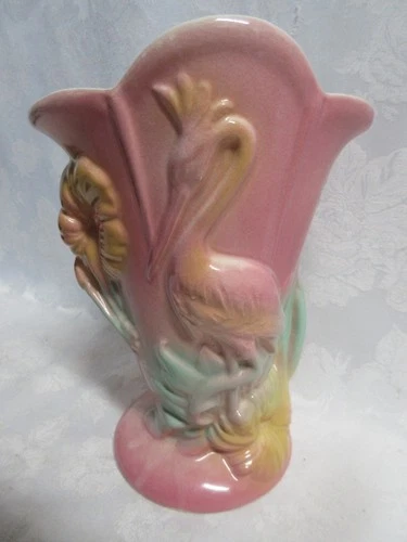 Vtg Hull Pottery Heron & Hibiscus Sun-Glo Pink Flamingo Vase #85, 9" Tall, MINT