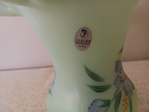 Fenton Burmese Satin Sea Green Floral Hand Painted Art Glass Basket Signed - Picture 9 of 15