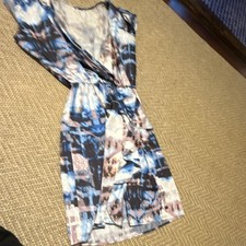 Women's Blue Black Beige Abstract Wrap Mini Dress V-Neck Cap Sleeve Ruffle