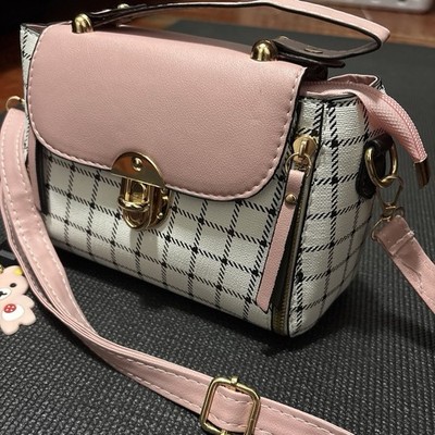 Pink White Black Plaid Satchel Top Handle Crossbody Turn Lock Zip Bear Charm