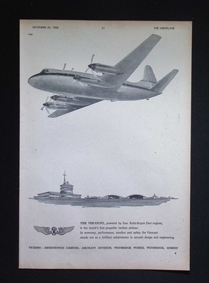 Original 1950 Advert Vickers Armstrong Viscount Propeller Turbine Airliner