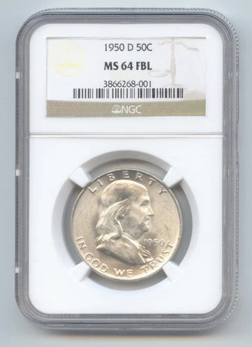 1950-D Franklin Half Dollar, NGC MS-64 FBL, Full Bell Lines