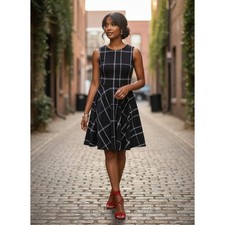 Danny and Nicole Dress Women Size 10 Black Plaid Excellent Sleeveless Fit Flare