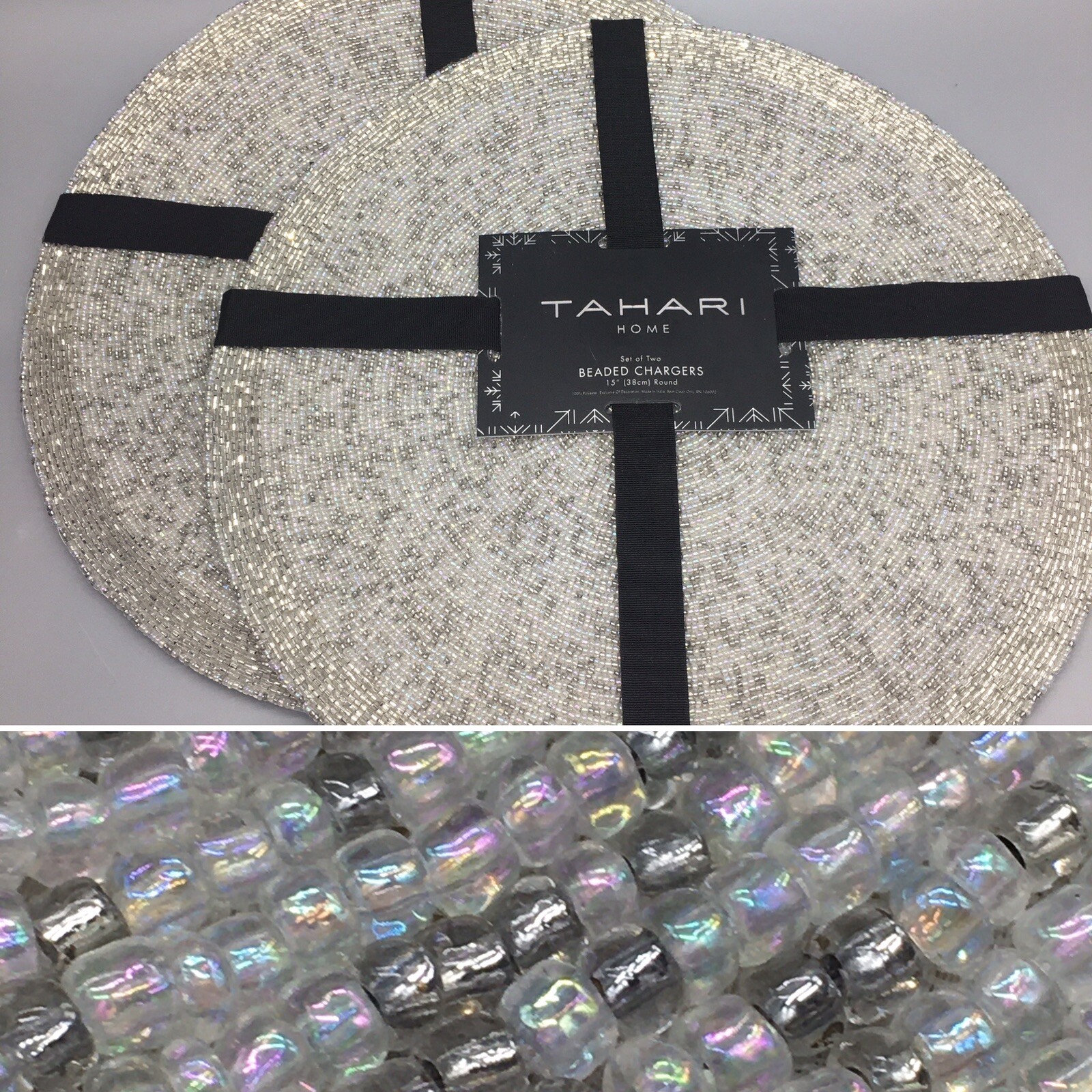 x4 Tahari Iridescent Silver Beaded Placemat Set Luxury Christmas