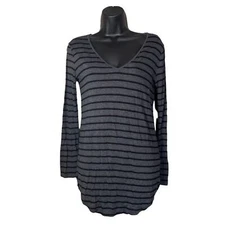 GAP Gray Black Striped Long Sleeve V-Neck Shirt