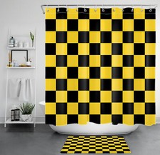 Abstract Plaid Yellow and Black Checkered Shower Curtain Set for Bathroom Decor