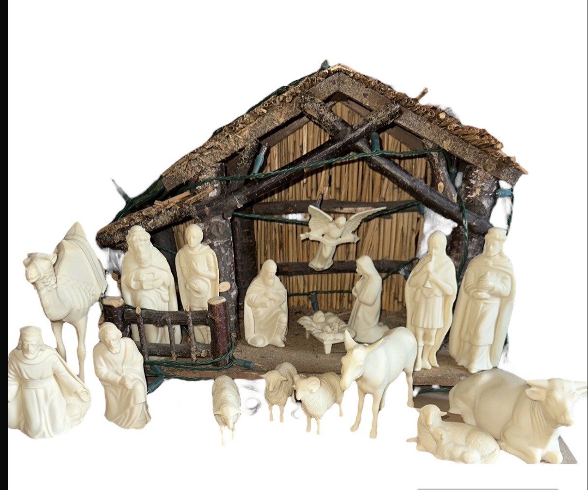 Vintage West Germany Nativity Set Stable W/Lights + 17 Molded Plastic