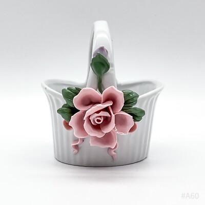 Vintage Porcelain 3D Rose Handled Basket Hamper 10cm | Pink