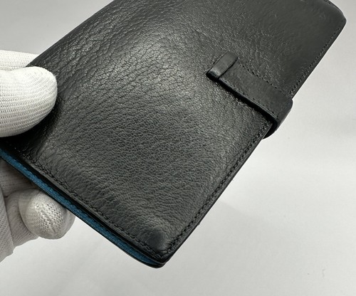 HERMÈS Bearn Souffle Epsom Leather Black/light blue Bifold Long Wallet GoldMetal - Picture 12 of 22