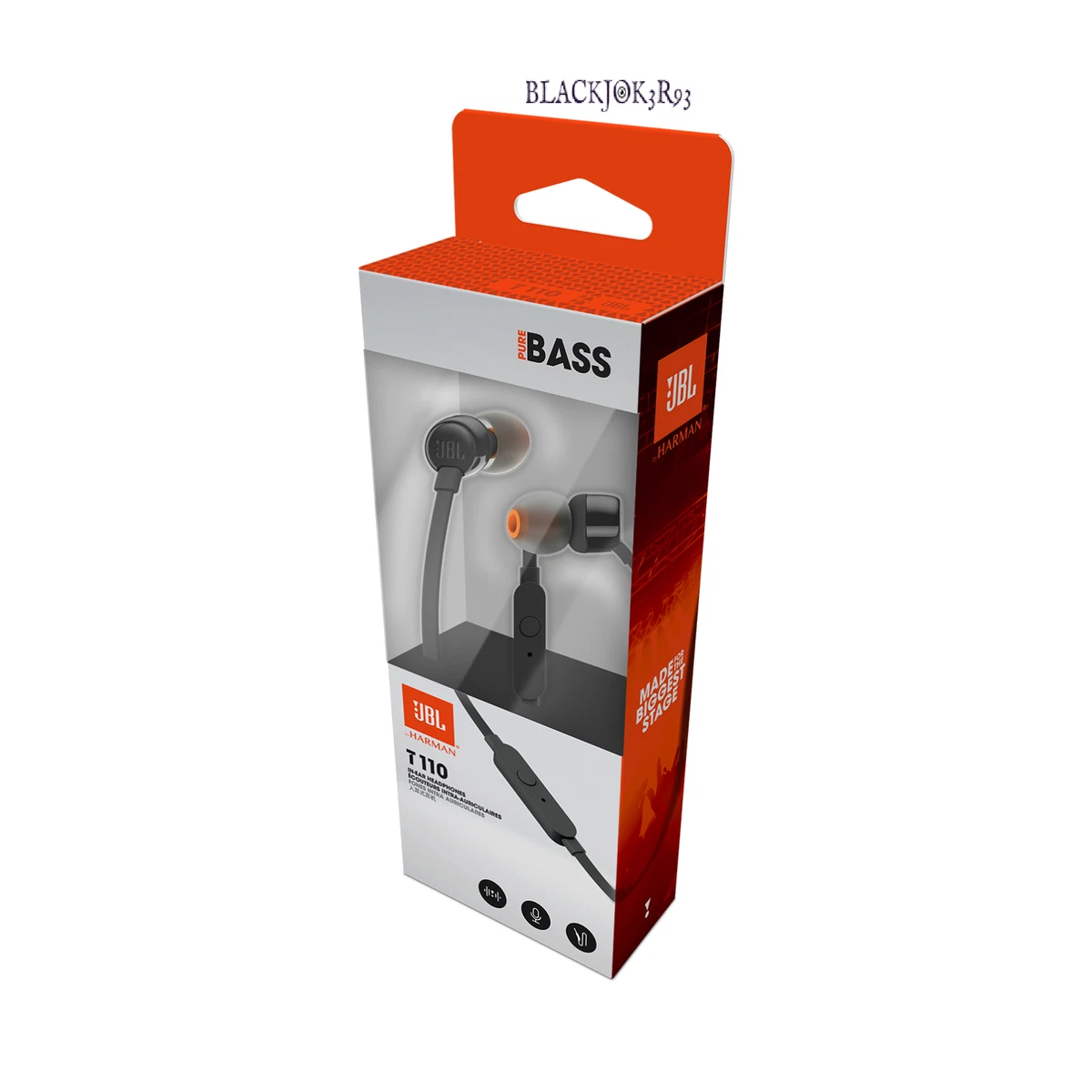 JBL T110 Harman Kardon Pure Bass Tangle Free In Ear Headphones w Mic Black