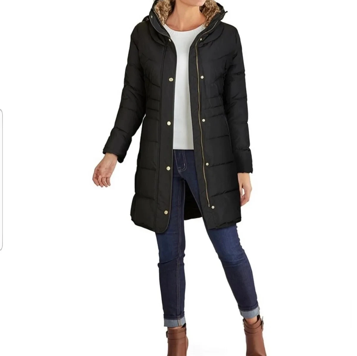 Cole Haan Faux-Fur-Lined Down Puffer Coat Womenu0026#039;s Size L/G Black  35WTG8038 | eBay