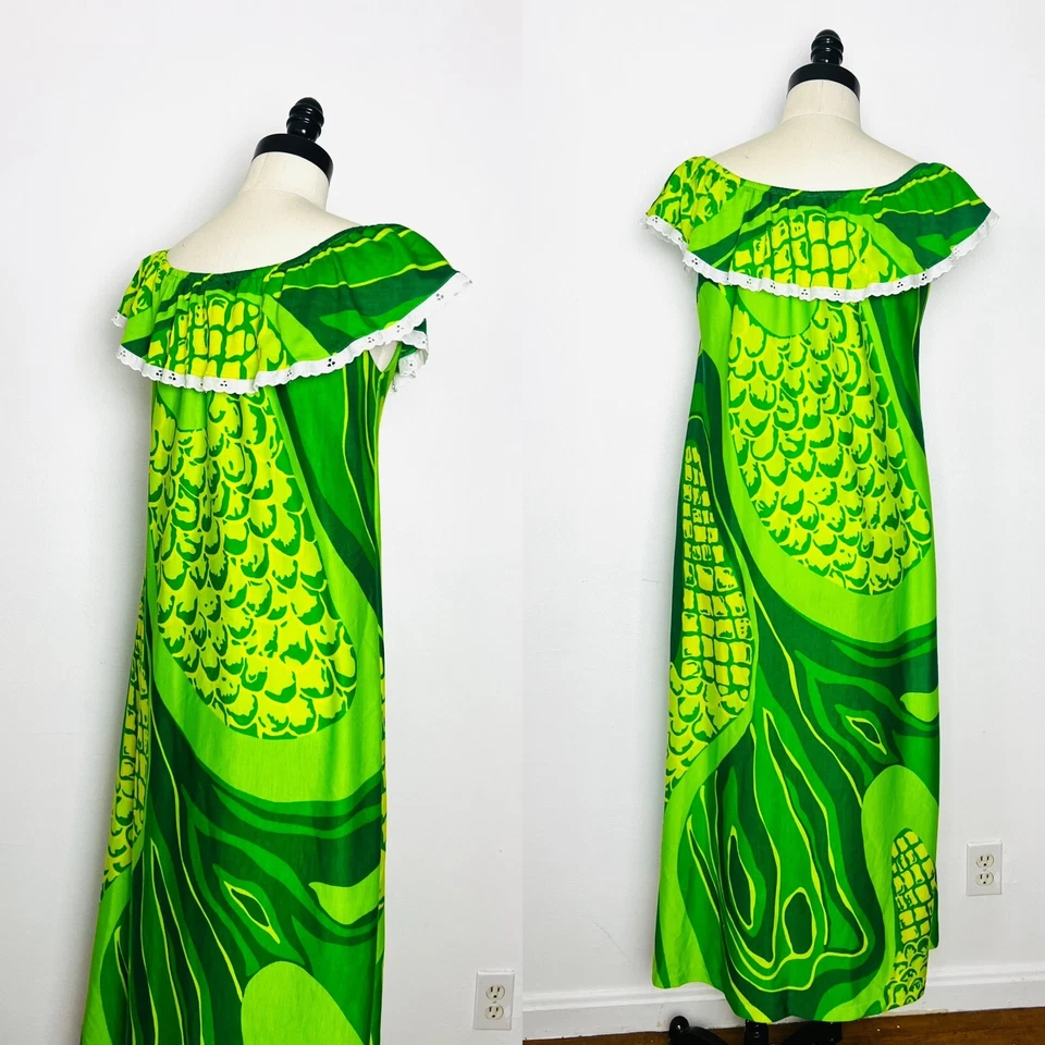 1960-х 60-х 70-х годов зеленый фрукт гавайский винтажный отверстие кружева сарафан платье S M - Изображение 3 из 4