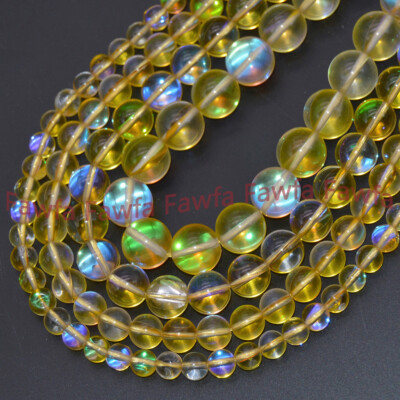 Mystic Aura Quartz Yellow Gems Loose Bead Holographic Quartz Smooth DIY Bracelet