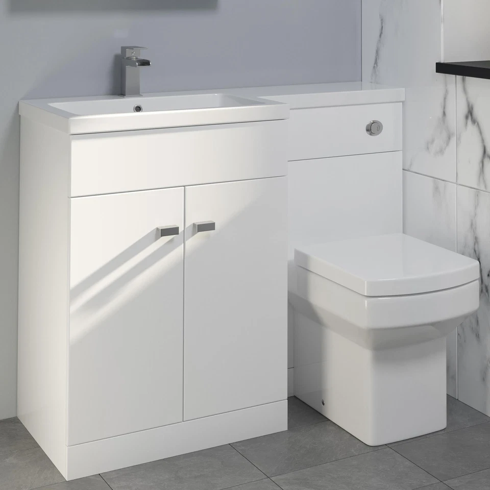 White Gloss Toilet & Basin Vanity Unit Combination Doors 110cm LH Modern Bath - Image 3 of 4