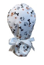 Dog Bones Paws Nurse SATIN LINED Scrub Cap Ponytail Hat Long Hair Protection
