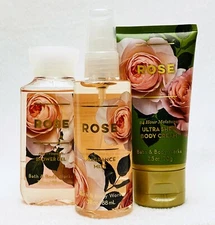3pc SET Bath & Body Works ROSE Mini Travel Size Mist Cream Wash Gel
