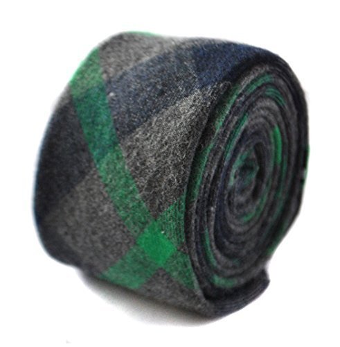 Frederick Thomas Designer Tweed Wool Mens Tie - Dark Grey & Green - Check Skinny