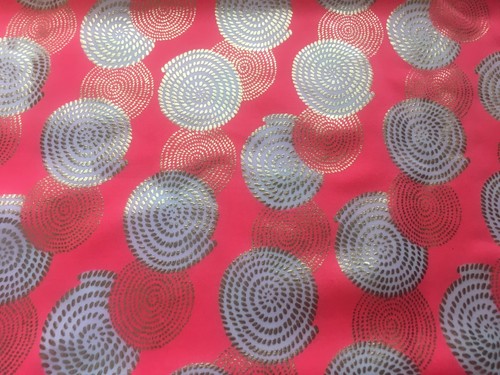 Orange Spandex with Gold Foil on White Circles Fabric - 32"repeat ~ 7/8 yd - Picture 3 of 6
