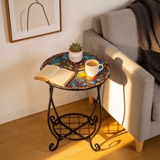 Round Mosaic Side Table Plant Stand End Desk Balcony Indoor Outdoor Accent Table